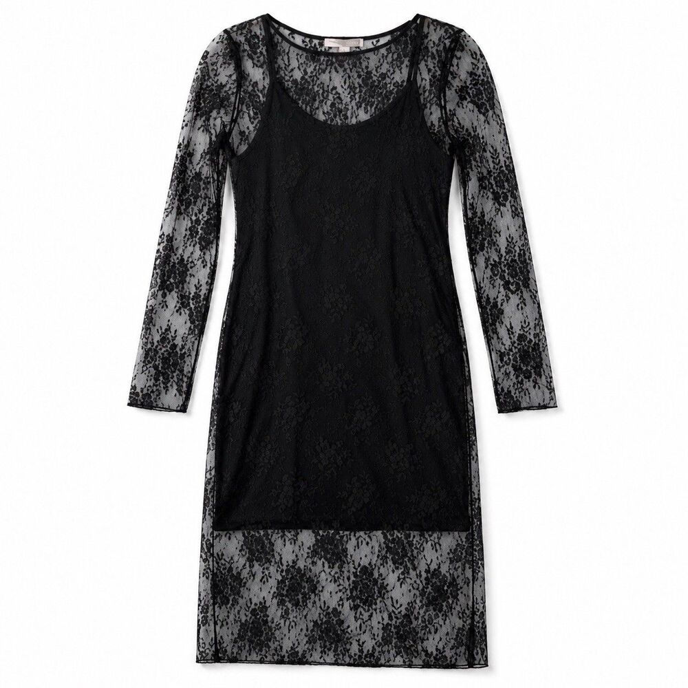 Forever 21 Contemporary Black Lace Midi Dress Women Large Sheer Long Sleeve Goth